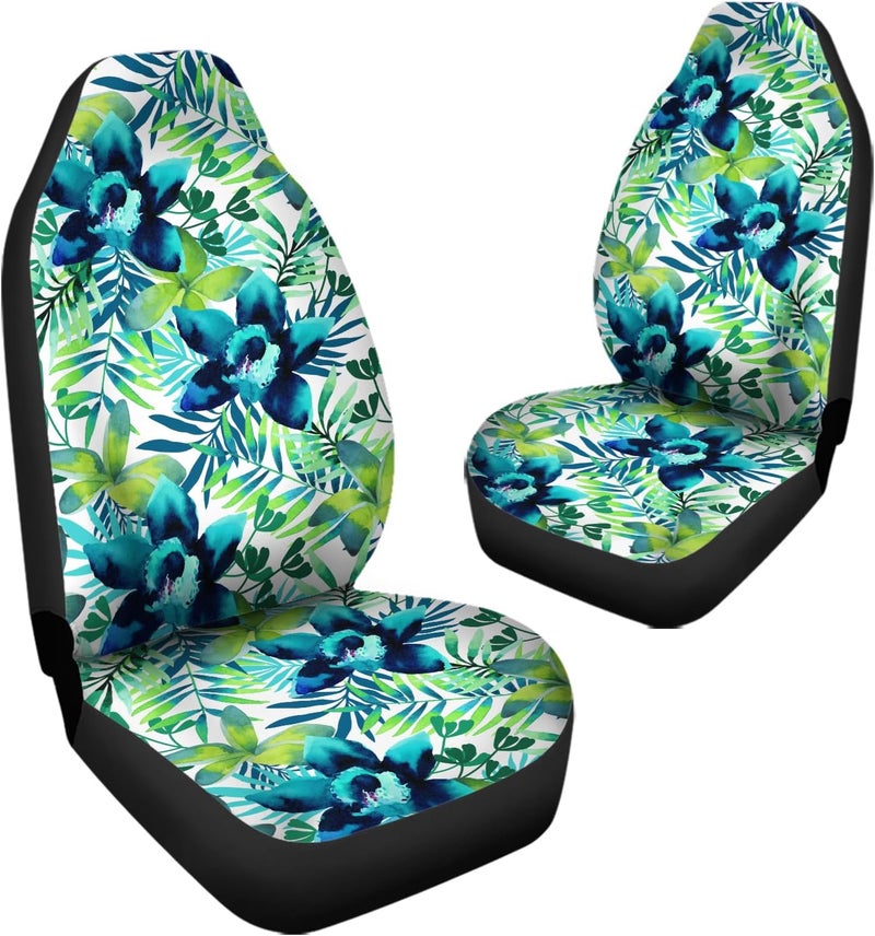 Howilath Universal Car Seat Covers Full Set of 2, Blue Hibiscus Floral Leaves Printed Auto Front Bucket Seats Protector Car SUV Interior Accessories - Image 3